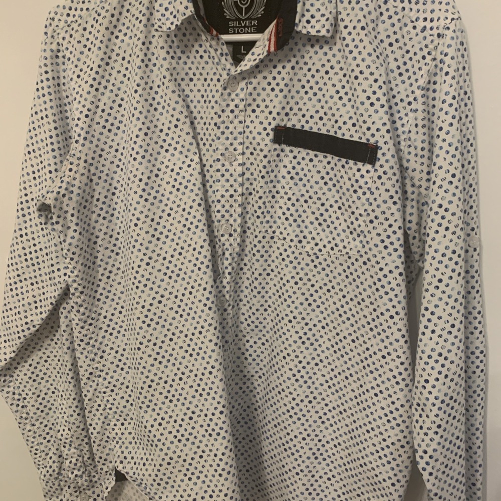 Silver Stone Mens White Blue Polka Dot Button Up Long Sleeve Shirt Large